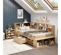 Sweiko Lit d'enfant, lit de rangement, 90 x 200 cm, lit simple, lit d'enfant multifonctionnel avec chevets, étagères et armoires de rangement, avec rechargement sans fil, sans matelas, naturel