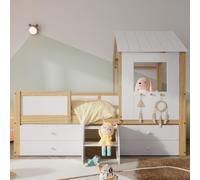 Sweiko Lit d'enfant, lit mi-hauteur, lit de maison avec toit et fenêtre, clôture à quatre côtés, avec 4 tiroirs et petit escalier, pin+MDF+contreplaqué, blanc+naturel, 90x200cm