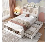 Sweiko Lit d'enfant Lit simple Lit de rangement avec tiroirs, étagère et banc avec espace de rangement, lit en bois 90x190 cm, cadre de lit et sommier à lattes en bois, blanc avec couleur chêne (sans 