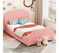 Sweiko lit d'enfant rembourré 90x200cm haut cadre de lit d'enfant à balustrade,lit simple en velours rose doux pour la peau