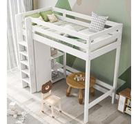 Sweiko Lit d'enfant surélevé 90x200 cm, Lit simple avec armoire et 6 étagères, Blanc, Matériaux de haute qualité, facile à monter, stable et durable (sans matelas)
