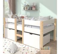 Sweiko Lit d'enfant surélevé avec 2 tiroirs Lit en bois massif avec sommier à lattes et protection contre les chutes Pin blanc 90 x 190 cm