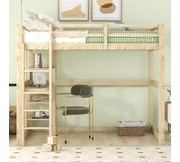 Sweiko Lit d'enfant surélevé Cadre de lit avec espace de rangement, entièrement en pin, avec 4 compartiments de rangement et un plateau de bureau, naturel, 140 X 200 cm