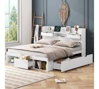 Sweiko Lit double, 140x190cm, Avec port USB & tiroirs & armoire de rangement, Lit d'enfant, Lit de jeune, Lit multifonctionnel, Grand espace de rangement, sans matelas, blanc