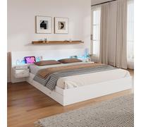 Sweiko lit double 180x200cm, lit double,lit en bois,lit pour adolescents,avec interface USB,avec éclairage LED et prise de courant,contrôlable par Mobile APP,2 tables de nuit,avec étagère à tiroirs,sa