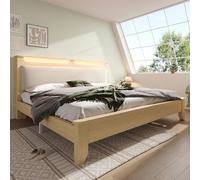 Sweiko Lit double en bois 160×200cm, Tête de lit avec espace de rangement, éclairage LED et dossier en velours côtelé beige, Cadre de lit avec lattes en bois, Chêne clair(Sans matelas&banc)