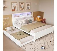 Sweiko Lit double, Lit plat, Lit familial épissé, Avec bandeau lumineux d'ambiance, Prise de charge intégrée, Avec lit gigogne, Rangement tête de lit, Cadre en pin, Pin+MDF, Blanc, 120x200&90x190cm