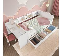 Sweiko lit en bois 90x200cm,lit plat avec bureau et 2 tiroirs,lit simple,blanc,sans matelas