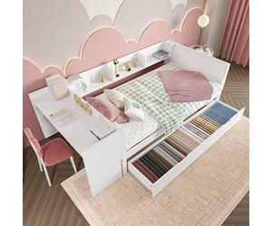 Sweiko lit en bois 90x200cm,lit plat avec bureau et 2 tiroirs,lit simple,blanc,sans matelas