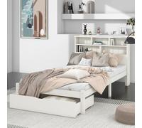 Sweiko Lit en bois massif 90x200cm Lit simple avec tiroirs, sommier à lattes et bibliothèque Lit d'adolescent en pin blanc