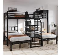 Sweiko Lit en fer, Lit superposé, Avec trois places de couchage, Escalier confortable avec mains courantes, Structure de lit stable, Lit supérieur avec espace de rangement, Fer , Noir, 90x200cm & 140x