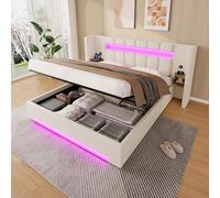 Sweiko Lit en Velours Multifonctionnel 180×200cm, 2 Ports USB, Un éclairage LED, Un système de réglage en Hauteur hydraulique et Un vaste Espace de Rangement sous Le lit doublé de Non-tissé,Beige