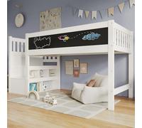 Sweiko Lit Enfant loft 90 x 200 cm avec Tableau Blanc et Tableau Noir | espace de rangement et protection anti-chute, avec sommier