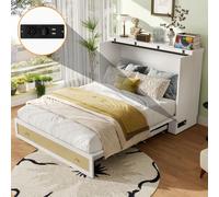 Sweiko Lit escamotable, 140 x 200, Lit escamotable mobile avec tiroirs en bout de lit et étagère en tête de lit, avec USB et prise électrique, Lit plate-forme transformable, Sans matelas, Blanc