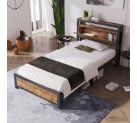 Sweiko Lit métallique Lits pour adolescents Lit simple 90 x 200 cm avec tête de lit à rangement et sommier métallique, Lit d'enfant Cadre de lit métallique Pour adultes, enfants, adolescents,Noir Lit
