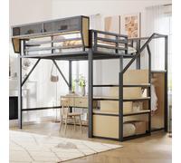 Sweiko Lit mezzanine 140x200 avec échelle de sécurité et compartiment de rangement flexible, lit métallique adulte lit superposé enfant noir