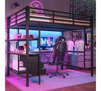 Sweiko lit mezzanine 140x200cm, avec lumière d'ambiance, bureau, prise électrique + USB, 3 tiroirs, étagères, rampe, escalier, sans matelas, noir