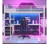 Sweiko lit mezzanine 140x200cm, avec lumière d'ambiance, bureau, prise électrique + USB, 3 tiroirs, étagères, balustrade, escalier, sans matelas, blanc