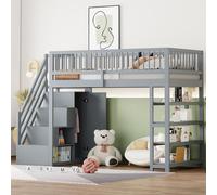 Sweiko Lit mezzanine 90 x 200, design de sécurité clôture haute avec armoire, étagères et espace de rangement avec échelle d'escalade de sécurité, lit multifonctionnel, lit en bois massif, gris
