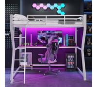Sweiko lit mezzanine 90x200cm , lumière d'ambiance, support pour console d'ordinateur, bureau, prise électrique+USB, rampe, escalier, sans matelas, blanc