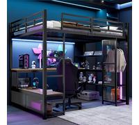 Sweiko Lit Mezzanine Métal 140x200 cm avec Bureau, Armoire et Port USB,Noir | Lit 2 Places, Rangement, Étagère à 3 niveaux, Éclairage LED, sans Matelas, Gain de place pour Chambre Ado, Adulte
