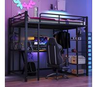 Sweiko Lit mezzanine métallique avec échelle 140x200 cm, lit junior double avec table avec cintres simples avec compartiments de rangement, noir