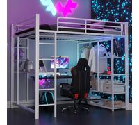 Sweiko Lit mezzanine métallique avec échelle 140x200 cm, lit junior double avec table avec cintres simples avec compartiments de rangement, blanc