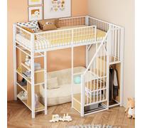 Sweiko Lit mezzanine multifonctionnel 90 x 200 cm, lit métallique avec espace de rangement, tablettes et escalier, lit adulte et lit enfant, blanc
