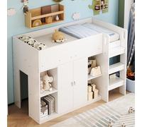 Sweiko Lit mezzanine multifonctionnel 90x200 avec espace de rangement , armoire et étagères - Lit d'enfant avec échelle et construction stable Blanc