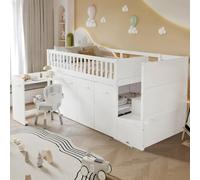 Sweiko Lit Mi-Hauteur 90x200 cm avec Bureau, Armoire et Escalier Rangement | Lit Mezzanine Bas, 1 Place, Meuble de Rangement, Barrières Sécurité, sans Matelas, pour Chambre d'Ado ou Studio, Blanc
