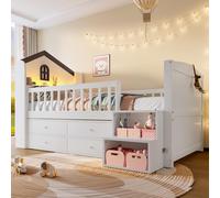 Sweiko Lit mi-hauteur,90x200cm,forme maison,fenêtre,4 tiroirs,barre lumineuse LED,échelle de rangement,sans matelas,blanc
