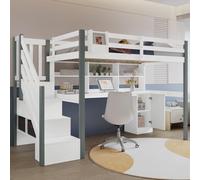 Sweiko Lit mi-hauteur, Avec boîte de rangement en tissu, Grand espace de rangement, Avec échelle latérale, Étagère ouverte, Lit d'adolescent avec bureau et casiers, Pin+MDF, Blanc+Gris, 90x200cm