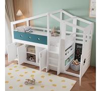 Sweiko Lit Mi-Hauteur Enfant Maison 90x200 cm avec Placard, Tableau Noir | Lit Simple en Pin, Étagère, Coin Jeux Intégré, Échelle, Barrière Sécurité, sans Matelas, Blanc, pour Petit Espace
