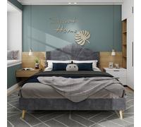 Sweiko Lit moderne minimaliste, tête de lit confortable et souple, 140x200CM, gris, mobilier de chambre à coucher multifonctionnel, cadre de lit bas sans tringle à gaz, sans matelas.