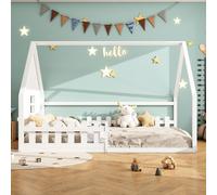 Sweiko lit plat, 140x200 cm, lit d'enfant, barre de maison, rampe, bois de pin, blanc