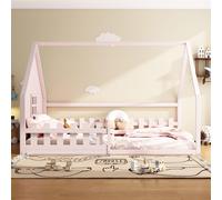 Sweiko lit plat, 140x200 cm, lit d'enfant, barre de maison, rampe, bois de pin, rose