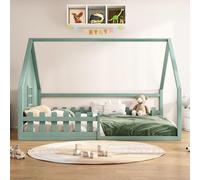 Sweiko lit plat, 140x200 cm, lit d'enfant, barre de maison, rampe, bois de pin, vert
