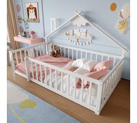 Sweiko lit plat, 90x190 cm, lit d'enfant, barre de maison, rampe avec serrure, bois de pin, blanc
