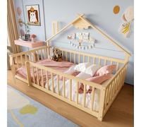 Sweiko lit plat, 90x190 cm, lit d'enfant, barre de maison, rampe avec serrure, bois de pin, naturel