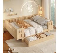 Sweiko Lit Plateforme Enfant en Pin 140x200 cm avec 2 Tiroirs et Barrières | Lit Ado Transition, 2 Tiroirs Coulissants, Sommier à Lattes inclus, sans Mateals, pour chambre garçon fille, Naturel