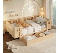 Sweiko Lit Plateforme Enfant en Pin 90x200 cm avec 2 Tiroirs et Barrières | Lit Ado Transition, 2 Tiroirs Coulissants, Sommier à Lattes inclus, sans Mateals, pour chambre garçon fille, Naturel