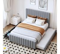 Sweiko Lit rembourré 140 x 190 cm avec lit gigogne, avec deux tiroirs, lit double plat en tissu velours doux pour la peau, lit d'enfant, lit de jeune, lit d'invité, gris (sans matelas)