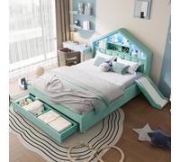 Sweiko Lit Rembourré 140x200cm avec Toboggan Réversible, Éclairage LED,Bleu | Lit Cabane Enfant, Tiroir sous le Lit, Port USB, Étagères, Sommier à Lattes, sans Matelas, pour Chambre Garçon Fille