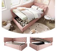 Sweiko Lit rembourré Lit de jour Daybett 90x200cm, Canapé-lit avec espace de rangement hydraulique, Lit d'enfant Lit d'adolescent Cadre de lit avec sommier à lattes en bois, velours, rose, sans matela