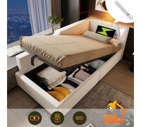 Sweiko Lit rembourré Lit de jour Daybett 90x200cm, Canapé-lit avec rangement hydraulique, fonction liseuse et fonction chargeur USB-C, Lit d'enfant Lit d'adolescent Cadre de lit avec sommier à lattes 
