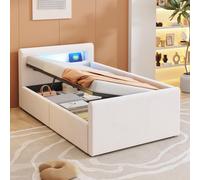 Sweiko Lit rembourré Lit d'enfant 90x200 cm, Avec lumière LED, Avec veilleuse et prise de charge USB, Avec étagère, Avec espace de rangement hydraulique, Lit simple pour une personne, Lits pour garçon