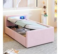 Sweiko Lit rembourré Lit d'enfant 90x200 cm, Avec lumière LED, Avec veilleuse et prise de charge USB, Avec étagère, Avec espace de rangement hydraulique, Lit simple pour une personne, Lits pour garçon