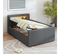 Sweiko Lit rembourré Lit d'enfant 90x200 cm, Avec lumière LED, Avec veilleuse et prise de charge USB, Avec étagère, Avec espace de rangement hydraulique, Lit simple pour une personne, Lits pour garçon