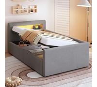 Sweiko Lit rembourré Lit d'enfant 90x200 cm, Avec lumière LED, Avec veilleuse et prise de charge USB, Avec étagère, Avec espace de rangement hydraulique, Lit simple pour une personne, Lits pour garçon