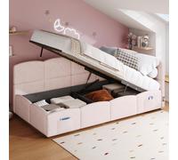 Sweiko lit rembourré, lit d'enfant,lit simple, lit de rangement, canapé-lit 90x200 cm, avec sommier à lattes, chargeur USB, sac de rangement, lit d'adolescent et lit d'enfant adulte, velours,rose (san
